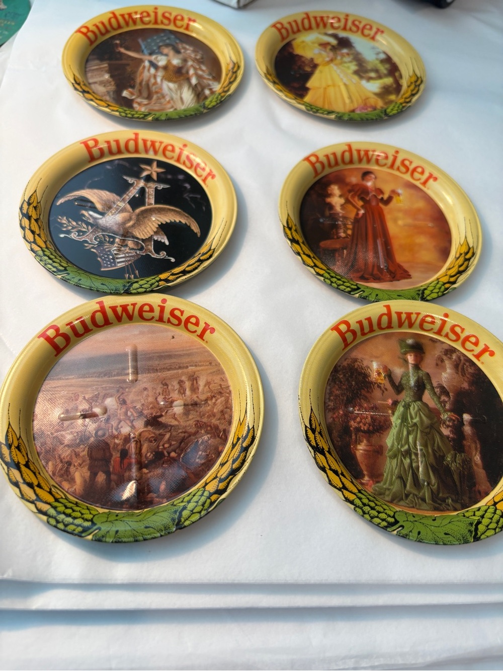 Budweiser Round Coasters with Yellow Rim & Green Coasters Detail